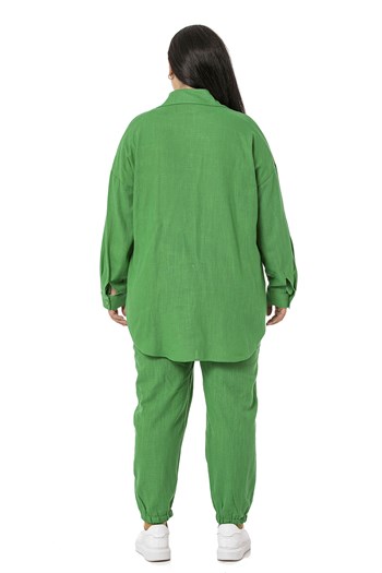 Büyük Beden Gömlek Pantolon Keten Yeşil Takım