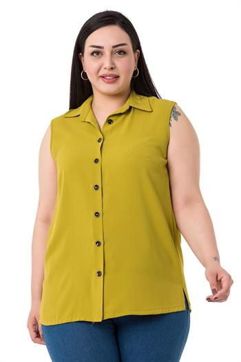 Büyük Beden Gömlek Yaka Düğmeli Kolsuz Fıstık Yeşili Gömlek