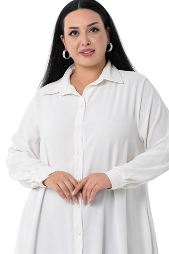 Büyük Beden Katlamalı Kollu Uzun Beyaz Tunik Gömlek