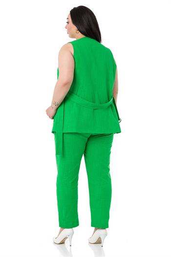 Büyük Beden Kemerli Yelek Pantolon Keten Astarlı Yeşil Takım
