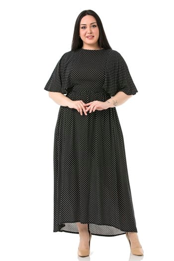 Büyük Beden Küçük Puantiyeli Pelerin Kollu Arkadan Fermuarlı Siyah Uzun Elbise