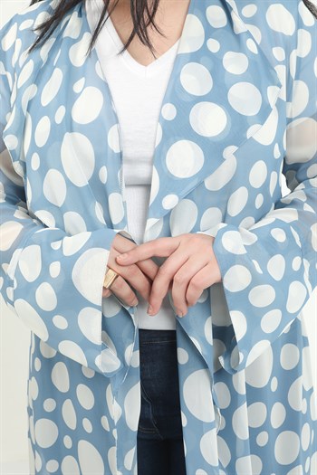 Büyük Beden Mendil Yaka Puanlı Kolları Yırtmaç Detaylı Uzun Mavi Kimono&Kaftan