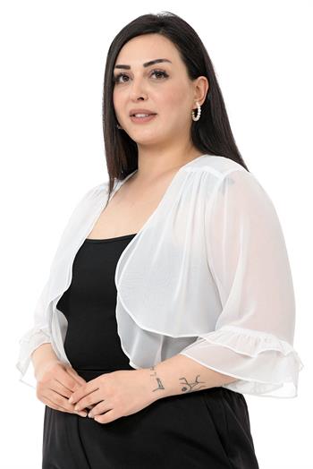 Büyük Beden Önü Çift Kat Kolu ve Arkası Fırfırlı Şifon Beyaz Bolero