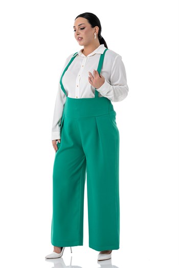 Büyük Beden Önü Pileli Beli Arkadan Gipe Lastikli Askılı Bol Paça Double Yeşil Pantolon