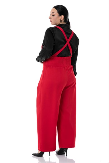 Büyük Beden Önü Pileli Beli Arkadan Gipe Lastikli Askılı Bol Paça Double Kırmızı Pantolon
