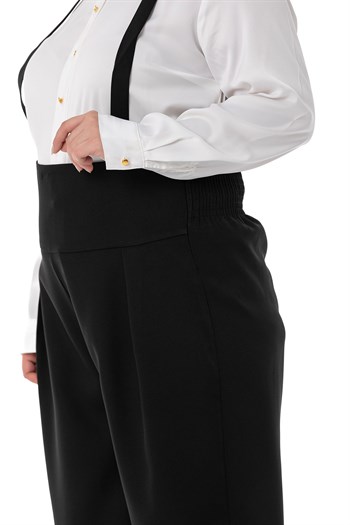 Büyük Beden Önü Pileli Beli Arkadan Gipe Lastikli Askılı Bol Paça Double Siyah Pantolon