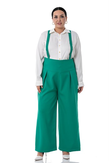Büyük Beden Önü Pileli Beli Arkadan Gipe Lastikli Askılı Bol Paça Double Yeşil Pantolon