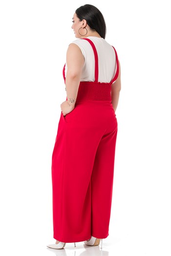 Büyük Beden Önü Pileli Cepli Askılı Düğme Detaylı Bol Paça Kırmızı Pantolon