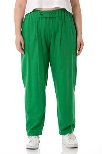 Büyük Beden Önü Pileli Cepli Süs Patlı Keten Yeşil Pantolon