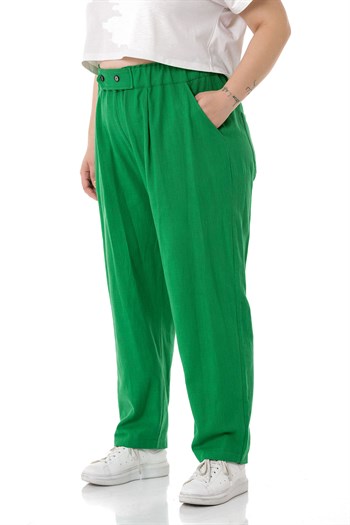 Büyük Beden Önü Pileli Cepli Süs Patlı Keten Yeşil Pantolon