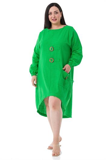 Büyük Beden Toka Detaylı Kol Ağzı Lastikli Arkası Uzun Keten Yeşil Tunik Elbise