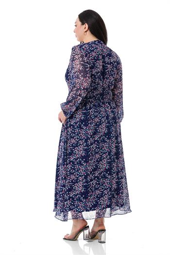 Büyük Beden V Yaka Beli ve Kol Ağzı Lastikli Şifon Uzun Astarlı Lacivert Elbise