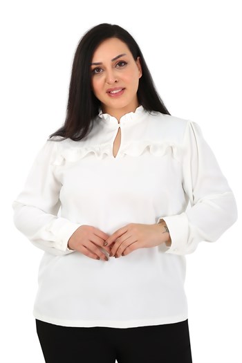 Büyük Beden Yaka ve Göğüste Fırfır Detaylı Yanı Yırtmaçlı Beyaz Bluz