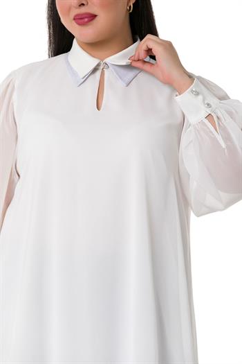 Büyük Beden Yakası Çift Kat Şifon Astarlı Beyaz Bluz