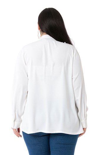 Büyük Beden Yakası İki Kat Volanlı Düğmeli Uzun Kollu Beyaz Gömlek