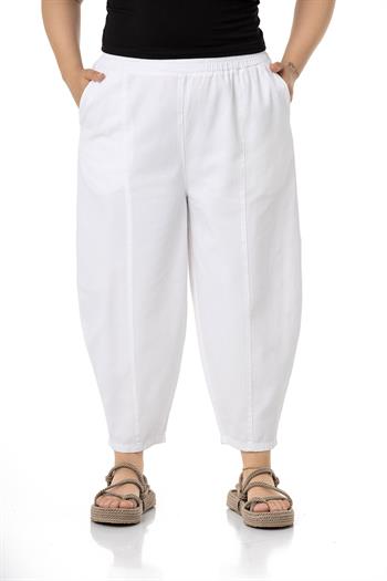 Büyük Beden Yarım Şalvar Beli Lastikli Beyaz Pantolon