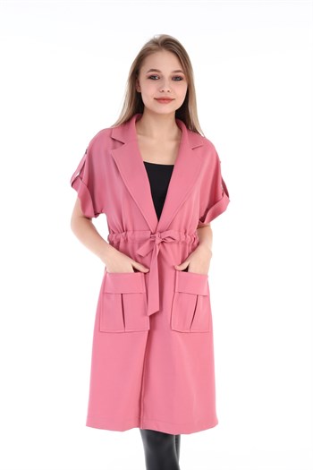 Mono Yaka Beli Tünelli Cepli Apoletli Kısa Kollu Astarsız Pembe Yelek