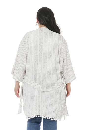 Yarasa Kollu Eteği Ponponlu Kuşaklı Cepli Astarlı Beyaz Üzerine Lacivert Çizgili Kimono