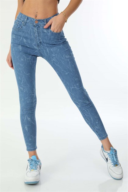 Kadın Yüksek Bel Likralı Desenli Skinny Jean