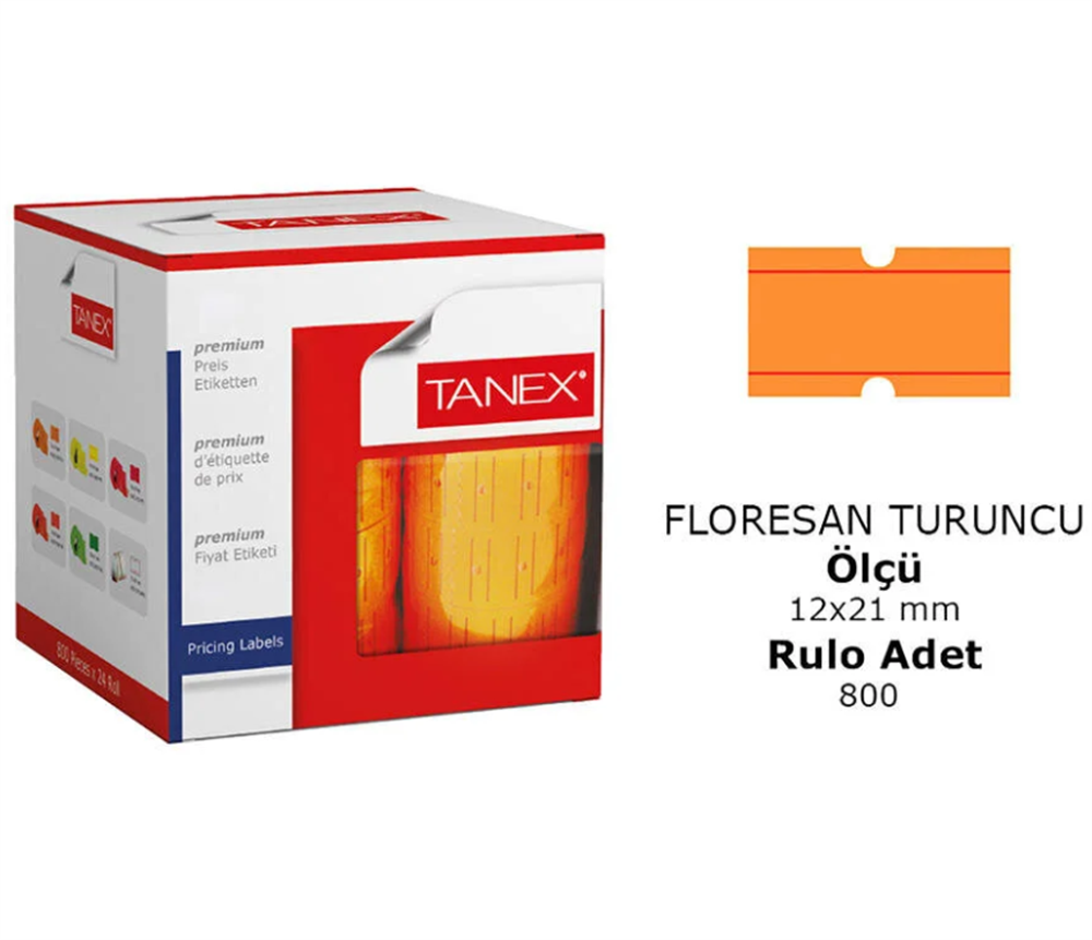 Tanex Motex 12x21 Çizgili Flo Turuncu Etiket 1 Rulo (800 Adet)