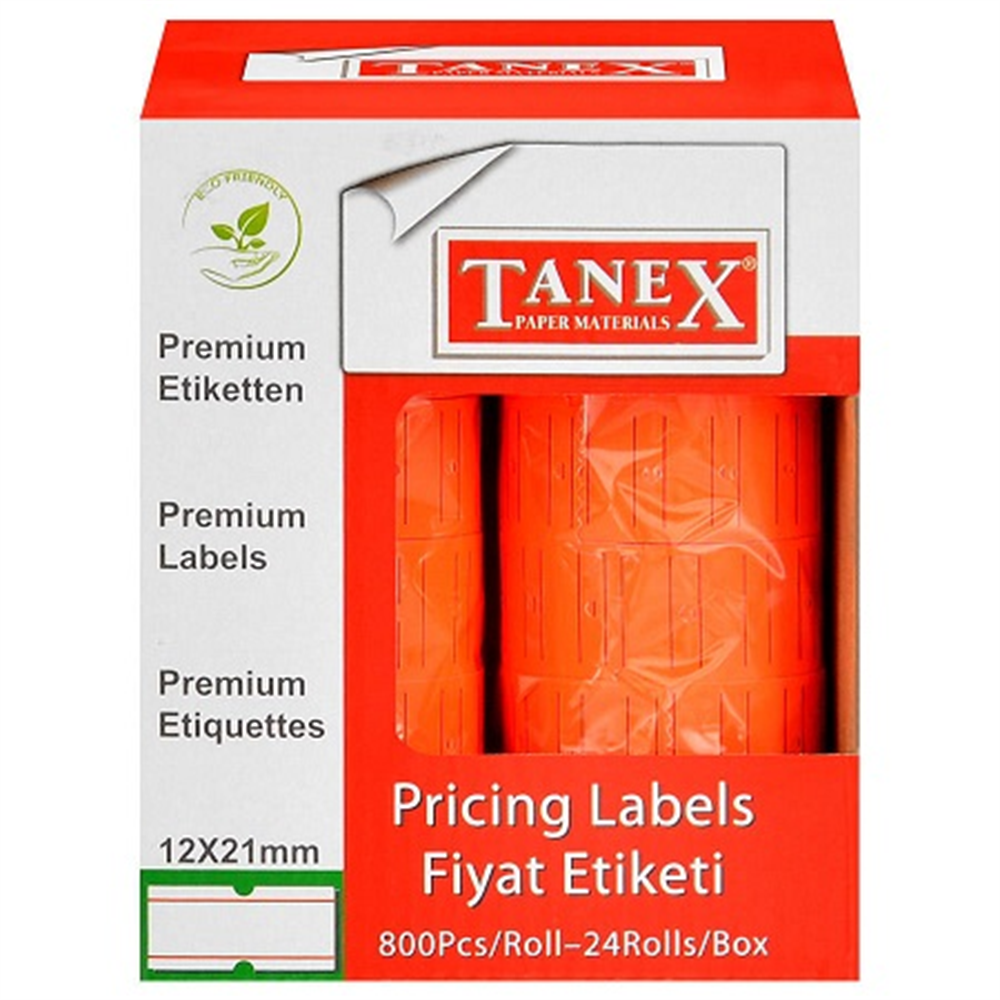 Tanex Motex Çizgili Florasan Kırmızı 12 mm x 21 mm Fiyat Etiketi 24'lü Paket