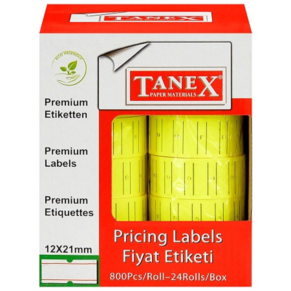 Tanex Motex Çizgili Florasan Sarı 12 mm x 21 mm Fiyat Etiketi 24'lü Paket