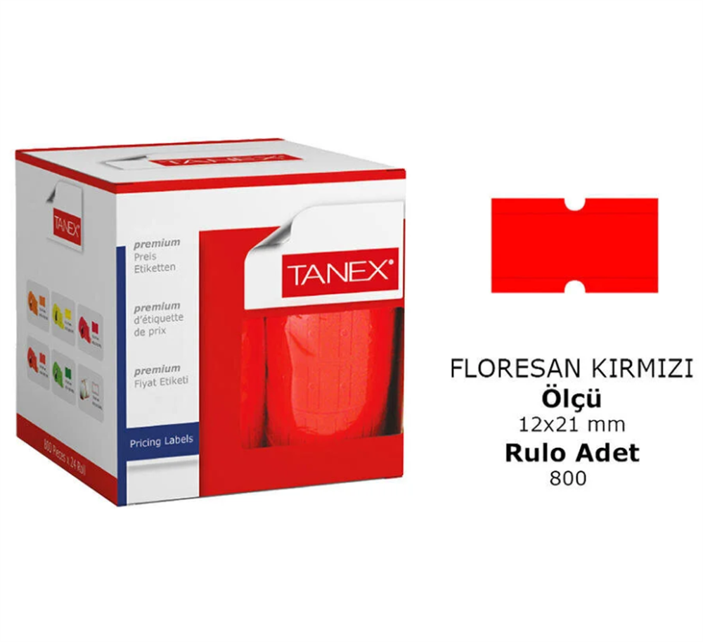 Tanex Motex Çizgili Kırmızı 12 mm x 21 mm Fiyat Etiketi 1 Rulo (800 Adet)