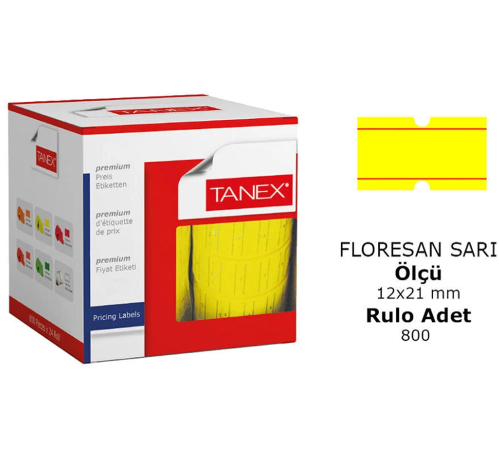 Tanex Motex Çizgili Sarı 12 mm x 21 mm Fiyat Etiketi 1 Rulo(800 Adet)