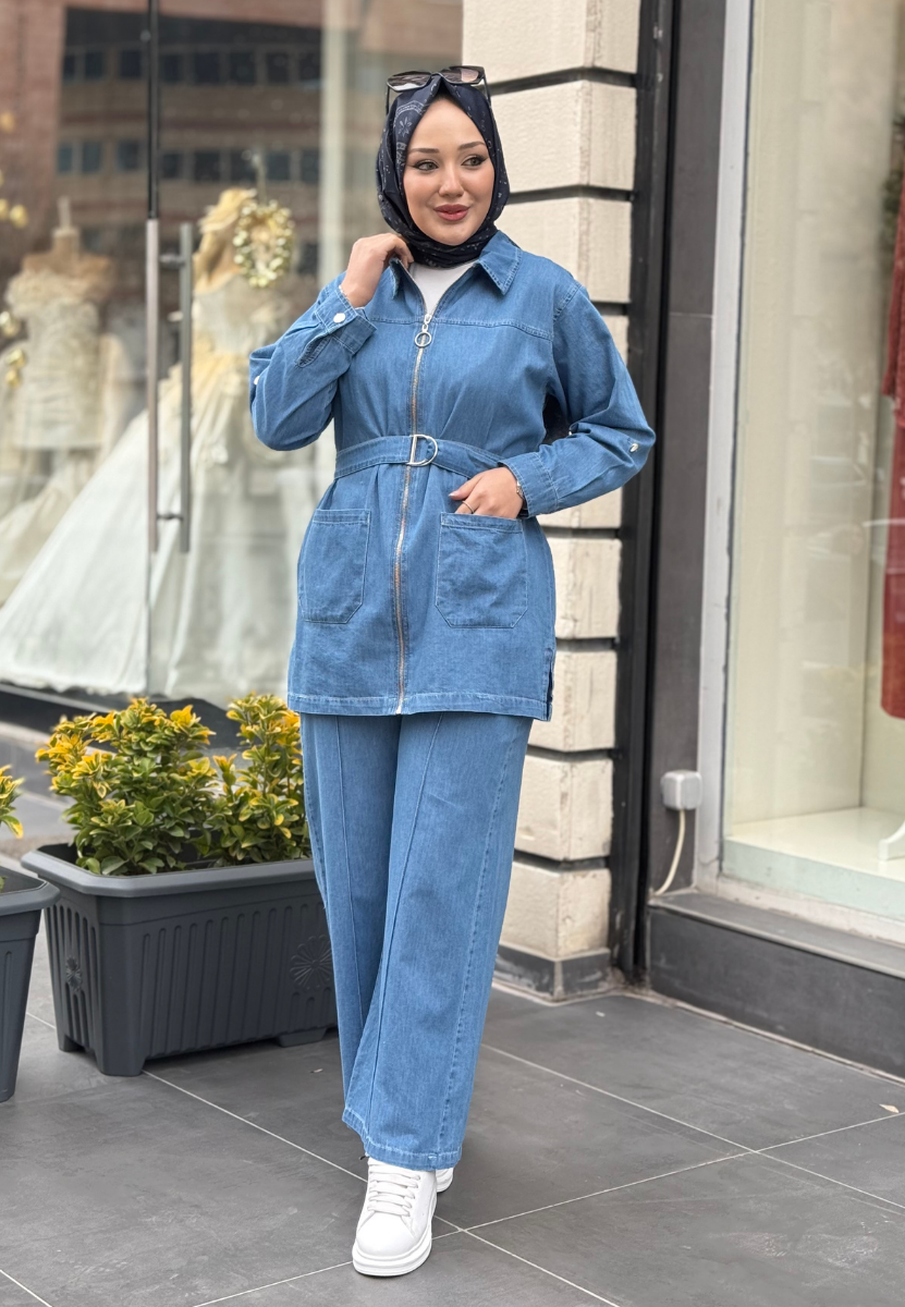 A. Mavi Kemerli Denim Takım