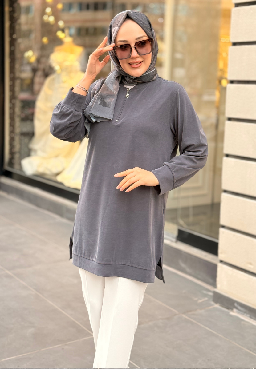 Antrasit Fermuarlı Tensel Tunik