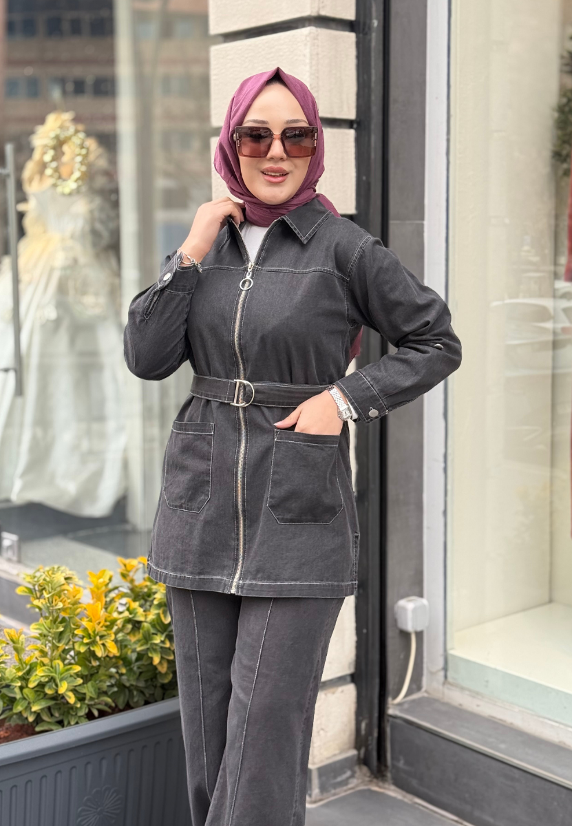Antrasit Kemerli Denim Takım