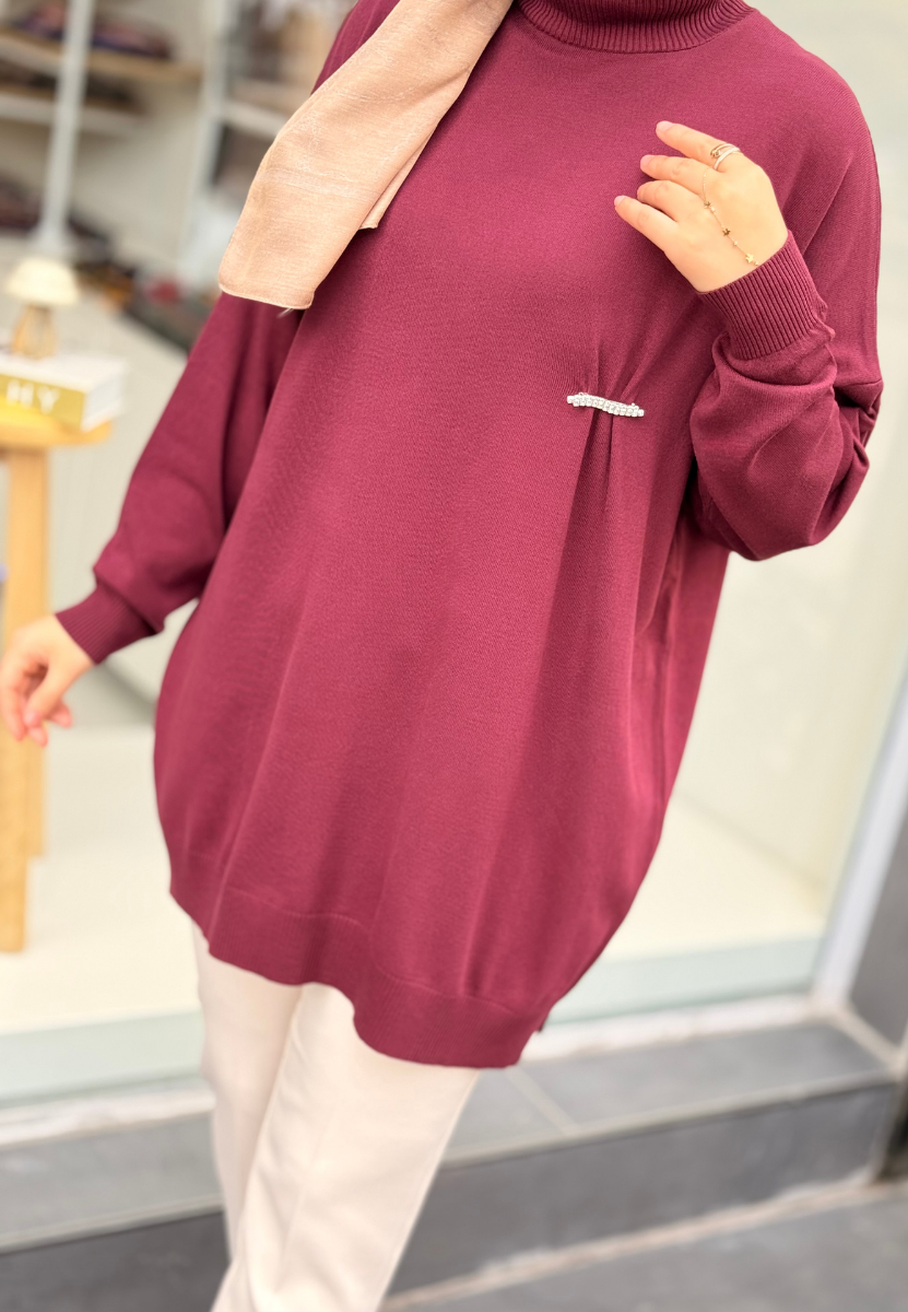 Bordo Broş Triko Tunik