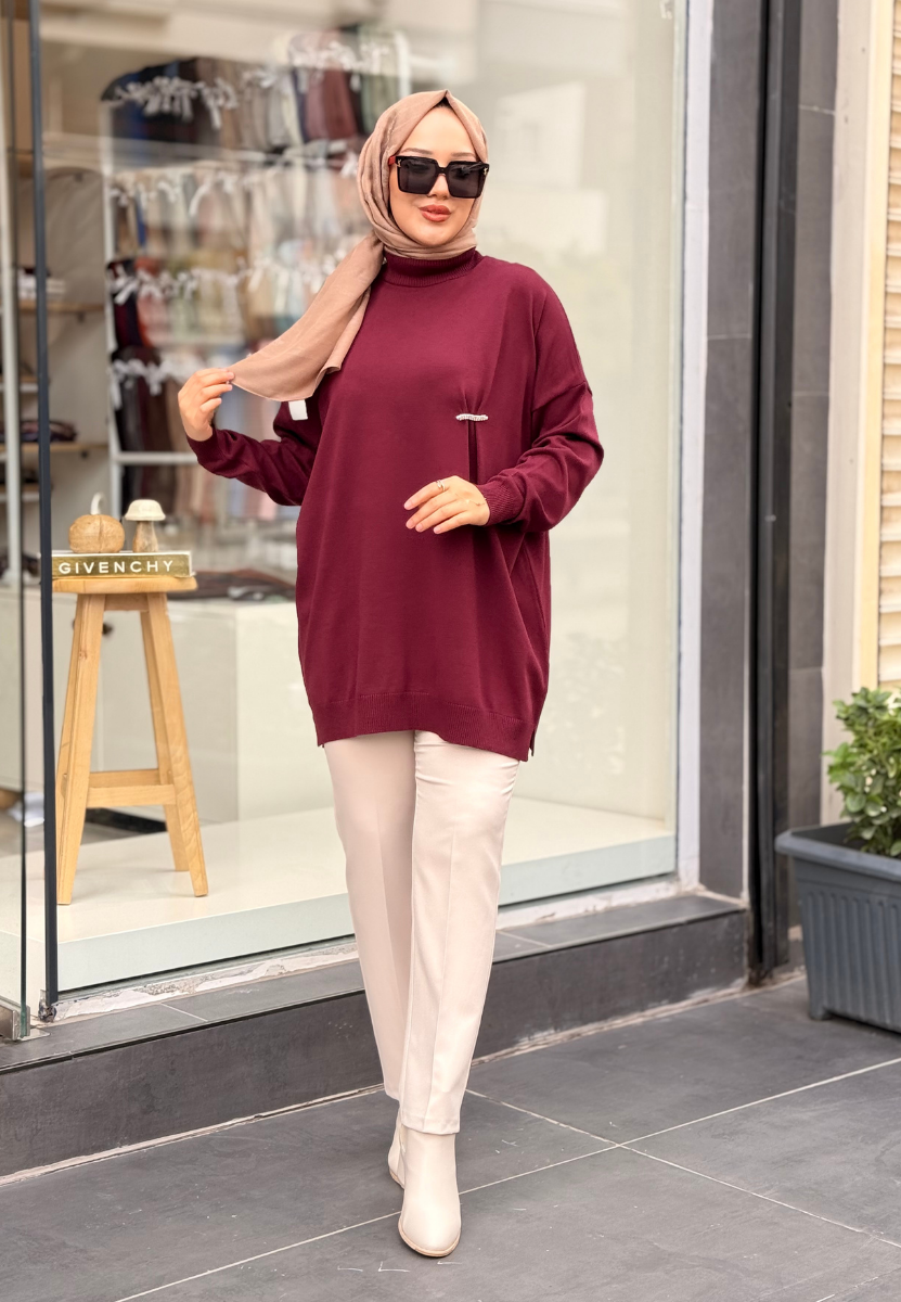 Bordo Broş Triko Tunik