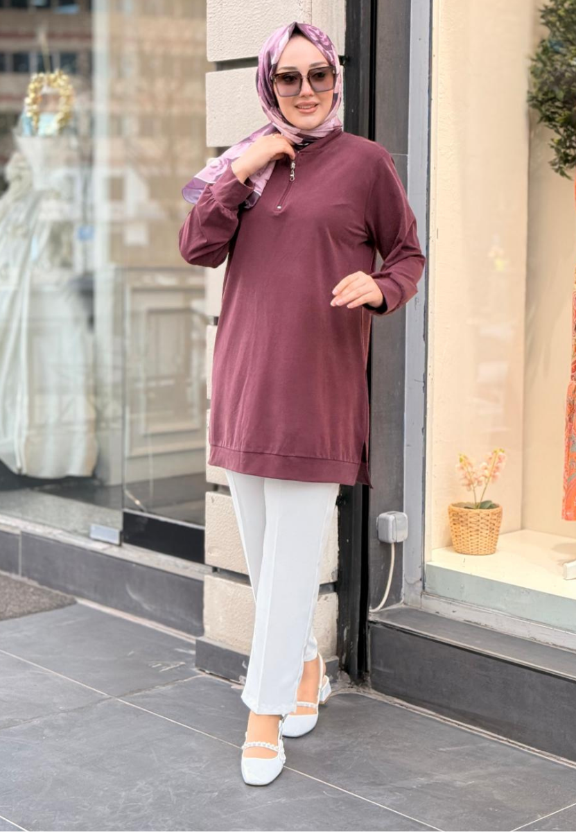Bordo Fermuarlı Tensel Tunik