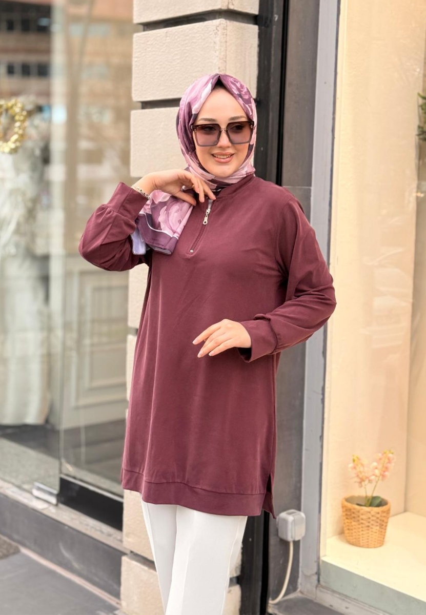 Bordo Fermuarlı Tensel Tunik