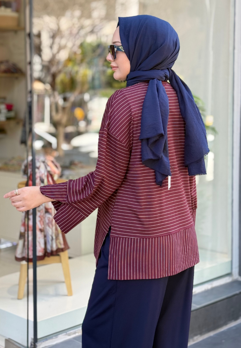 Bordo İnce Çizgili Sweat