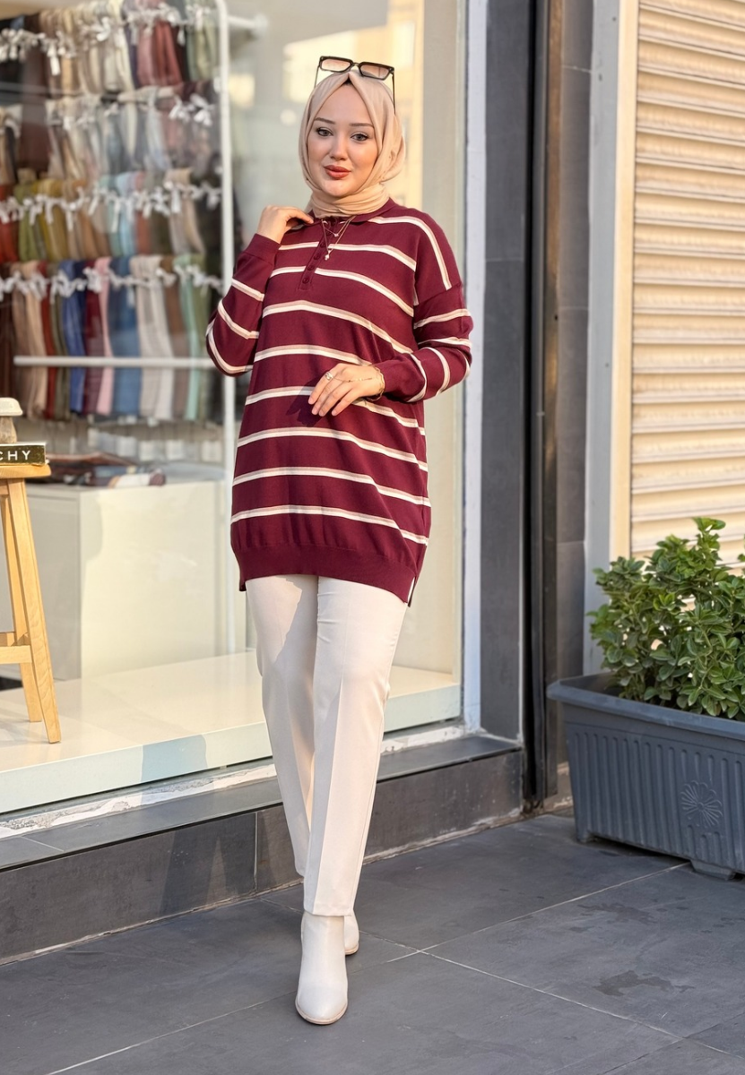Bordo Miranda Çizgiili Triko