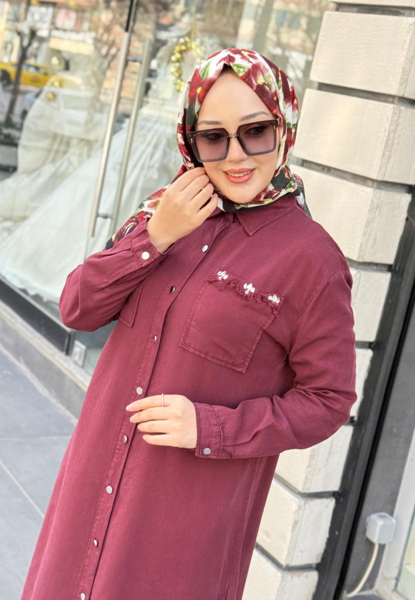 Bordo Yonca Uzun Tensel Gömlek