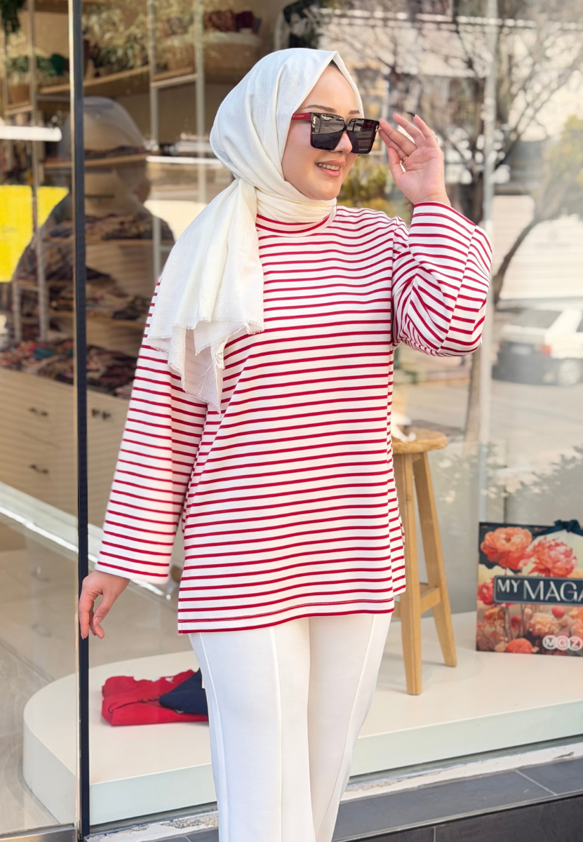 Çizgili Kırmızı Sweat