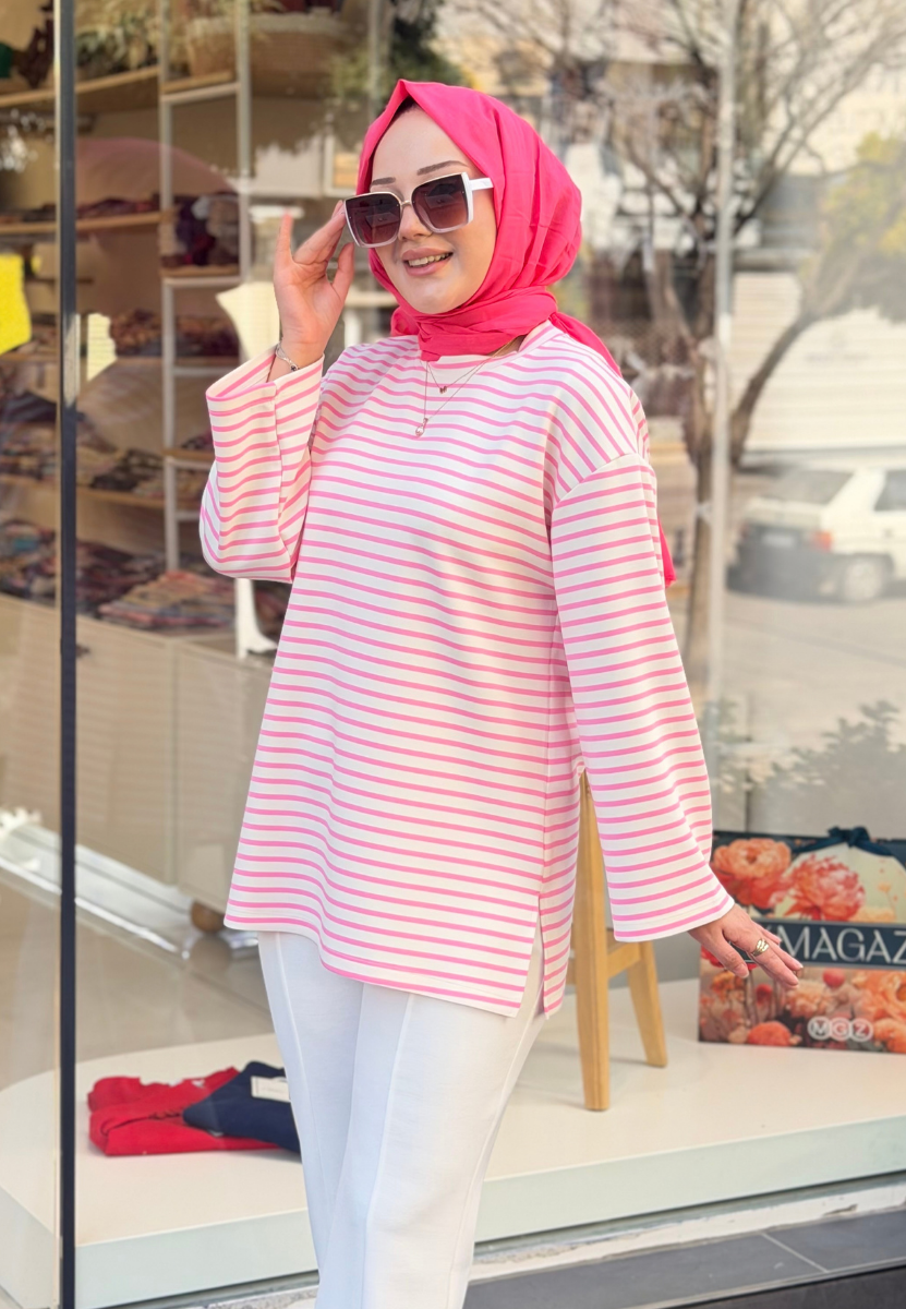 Çizgili Pembe Sweat