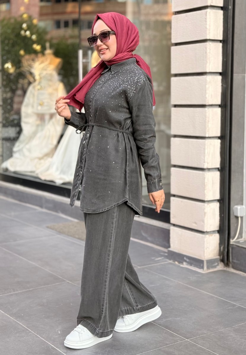 Füme Taşlı Denim Takım