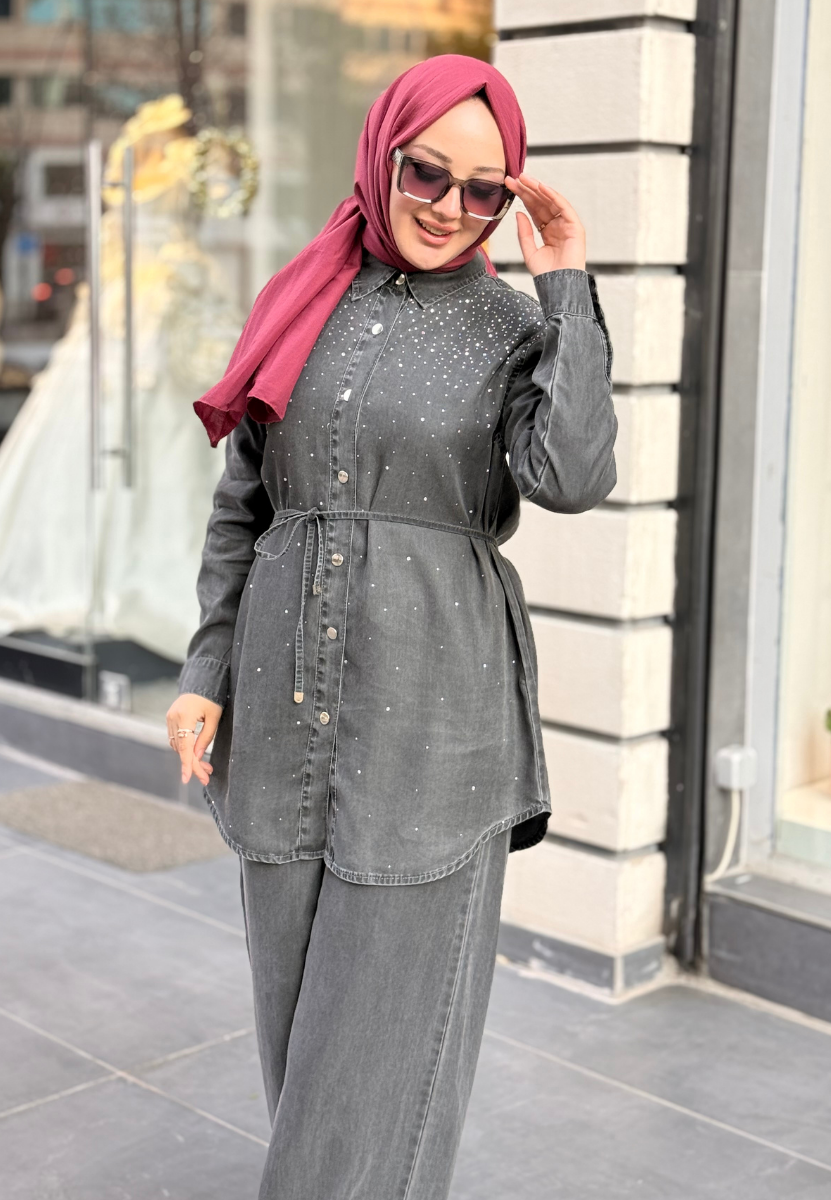 Füme Taşlı Denim Takım