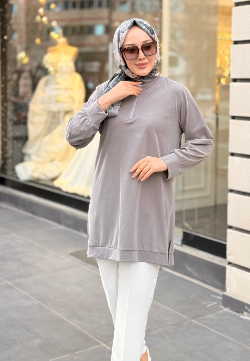 Gri Fermuarlı Tensel Tunik
