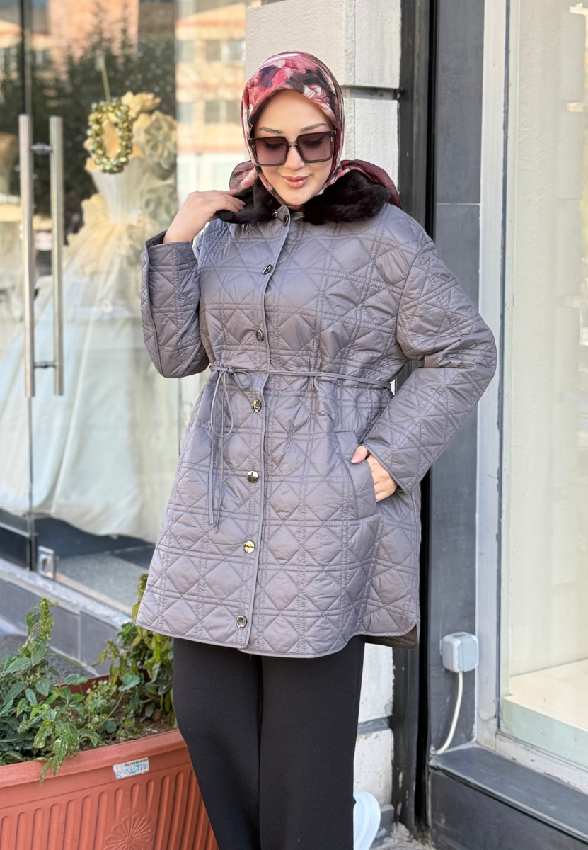 Gri Kürk Yakalı Kapitone Mont