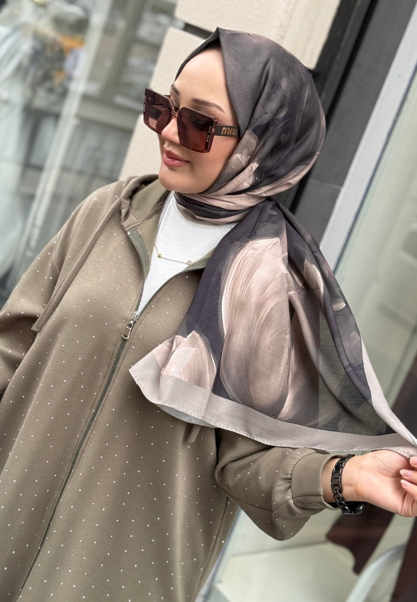 Haki Lale Desenli Pamuk Şal