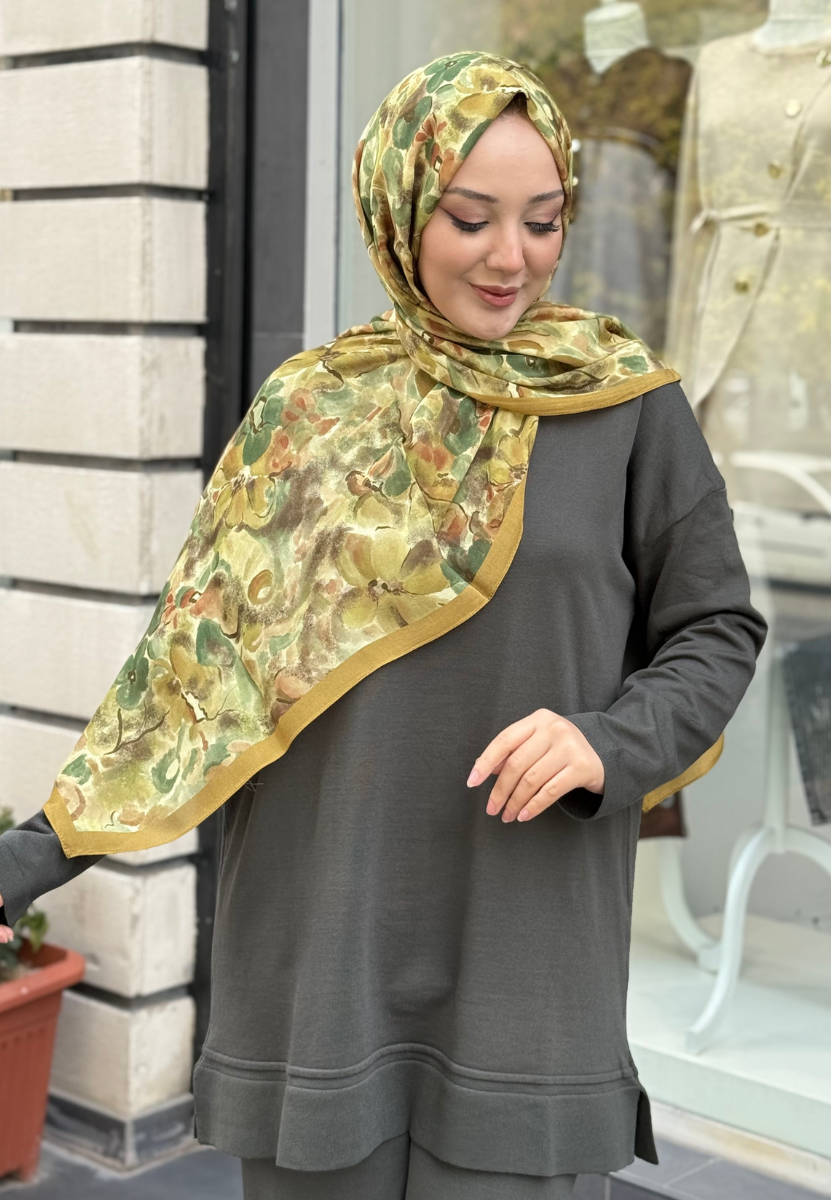 Hıbıscus Beauty Hardal Floş Viscon Şal