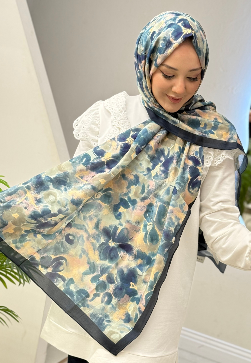 Hıbıscus Beauty İndigo Floş Viscon Şal