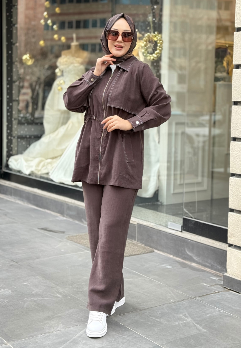 Kahve Kontrast Dikişli Takım