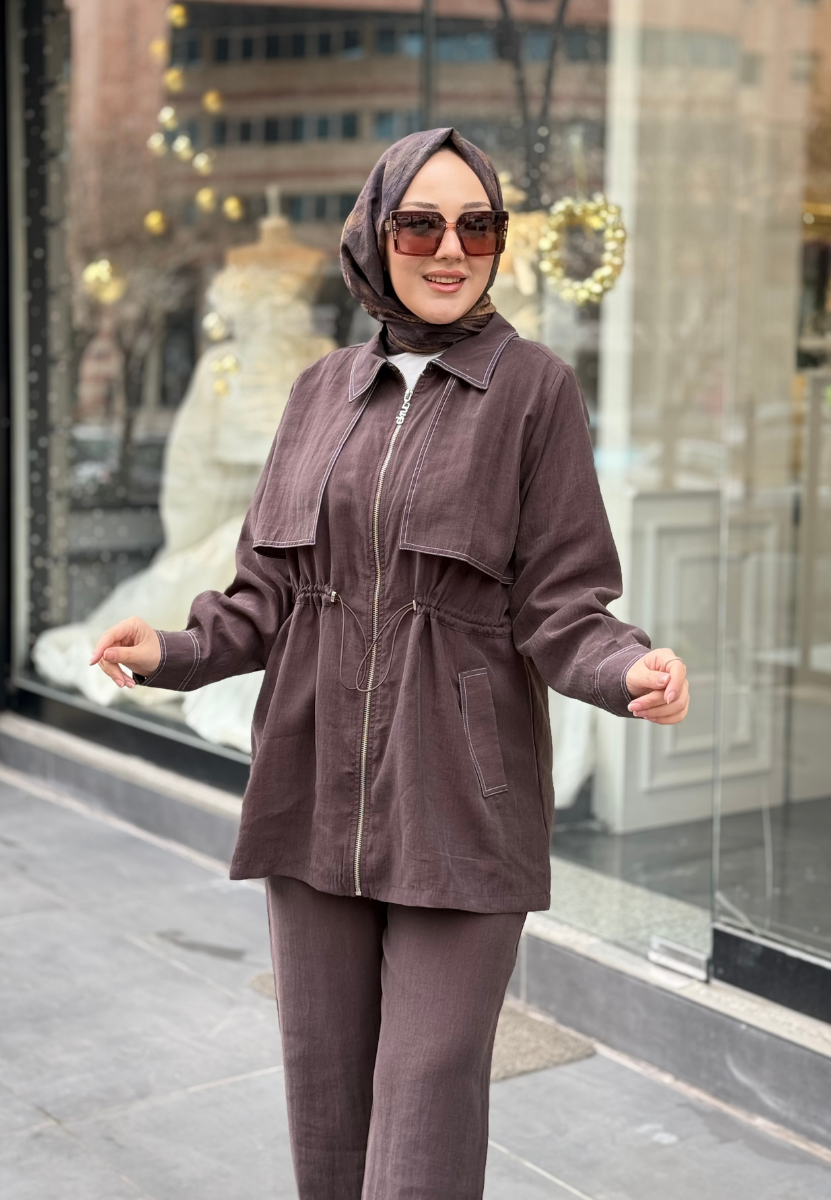 Kahve Kontrast Dikişli Takım