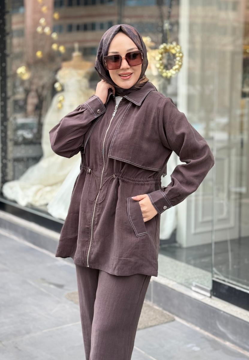 Kahve Kontrast Dikişli Takım